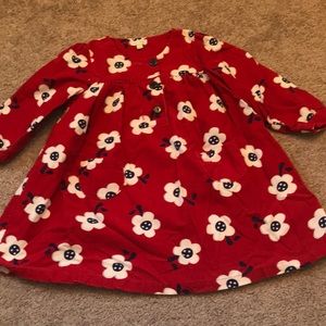 Red corduroy dress with blue and white flowers 24m